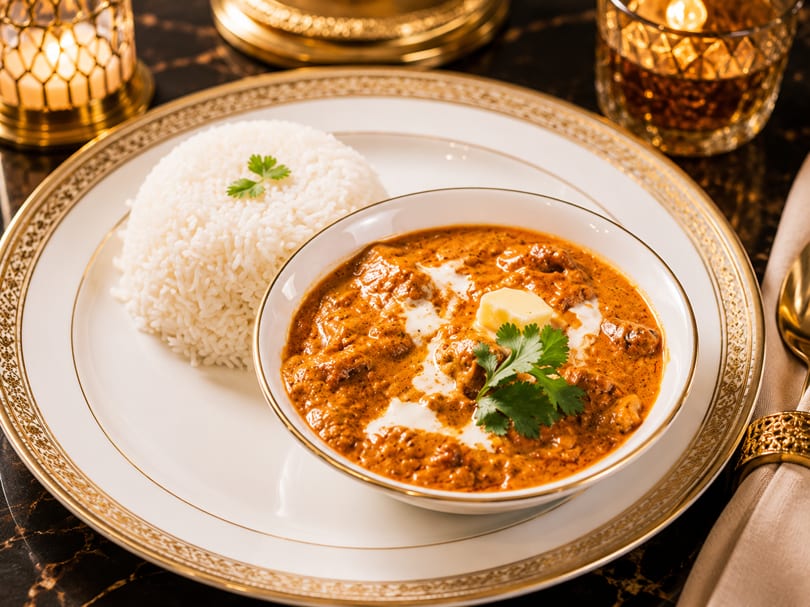 Rich butter chicken curry with rice, garnished with butter and cilantro, on an elegant gold-rimmed plate.