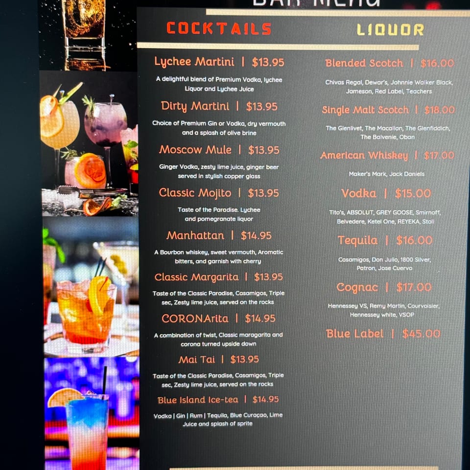 Digital bar menu displaying cocktails and liquor selections alongside colorful drink photographs.