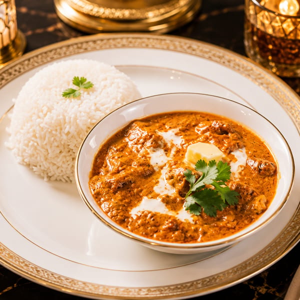 Rich Indian curry with rice, garnished with butter and cilantro, on an elegant gold-rimmed plate.