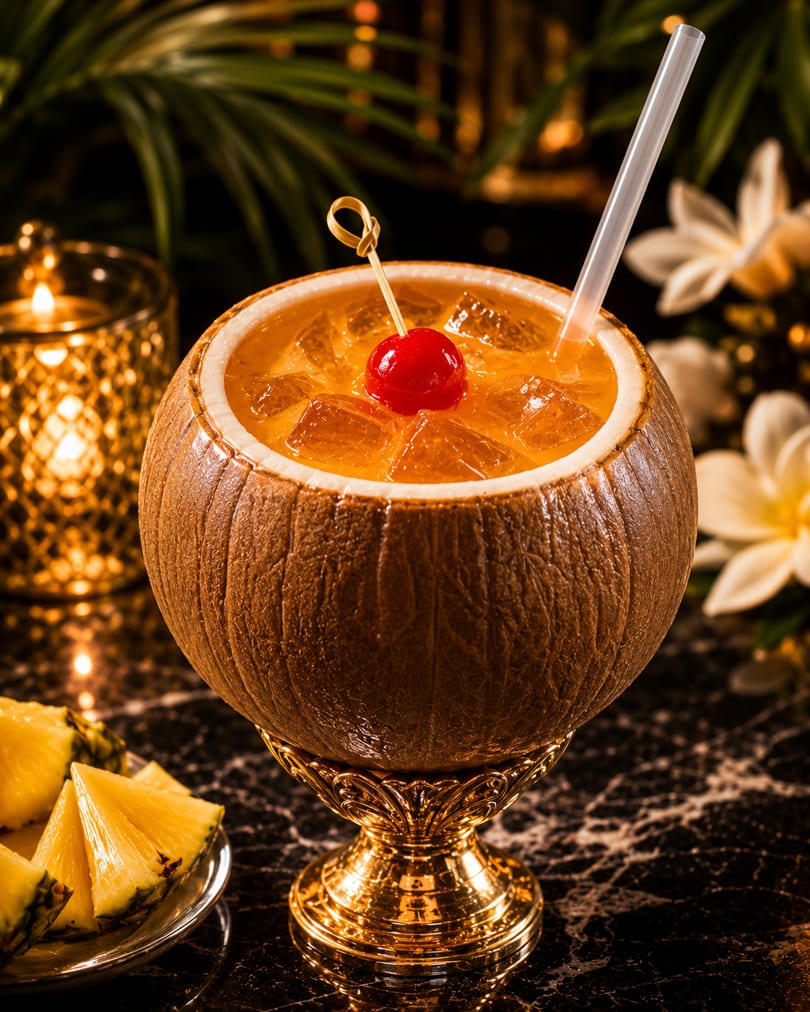 Coconut cocktail with cherry and straw on a golden stand, with pineapple and candle.