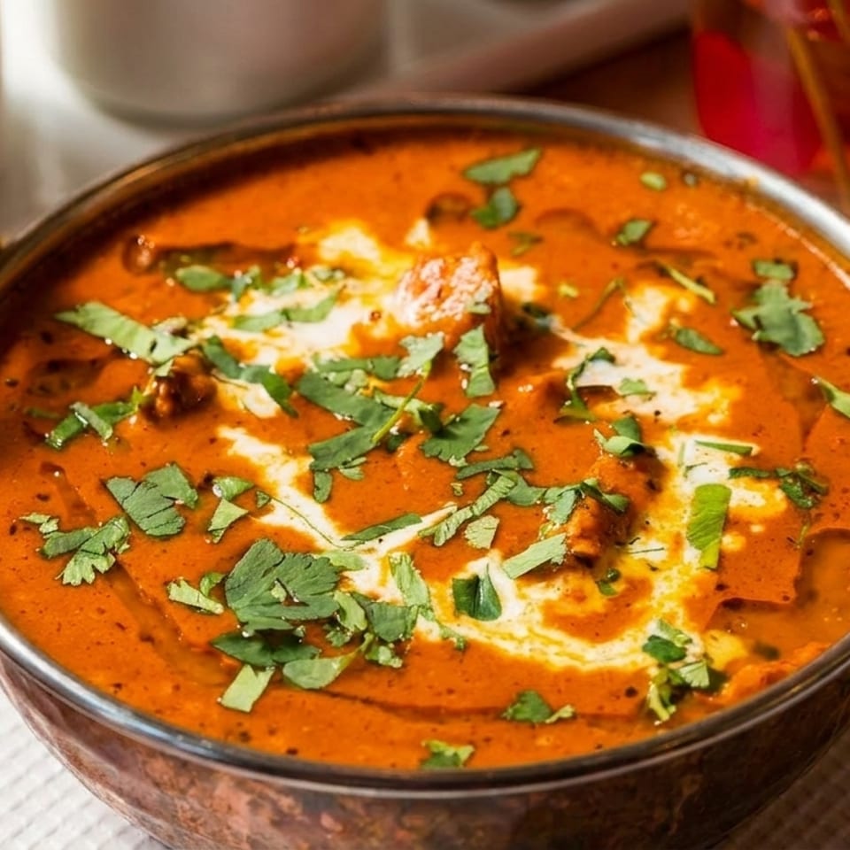 A copper bowl of butter chicken curry, garnished with cream swirls and fresh cilantro.