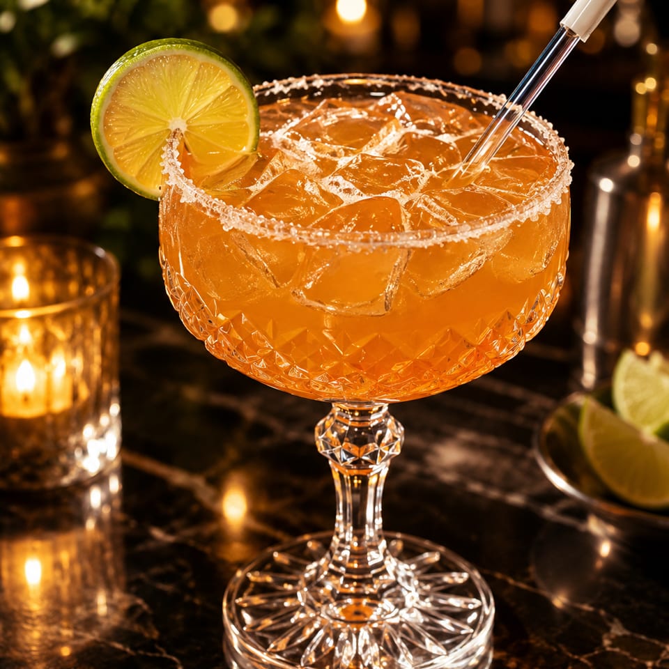 Elegant orange cocktail with a lime slice and salted rim in a crystal glass on a dark bar.