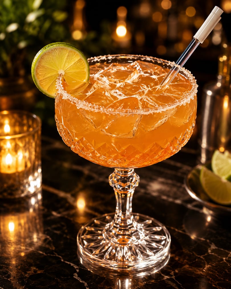 Elegant orange cocktail with a lime slice and salted rim in a crystal glass on a dark bar.