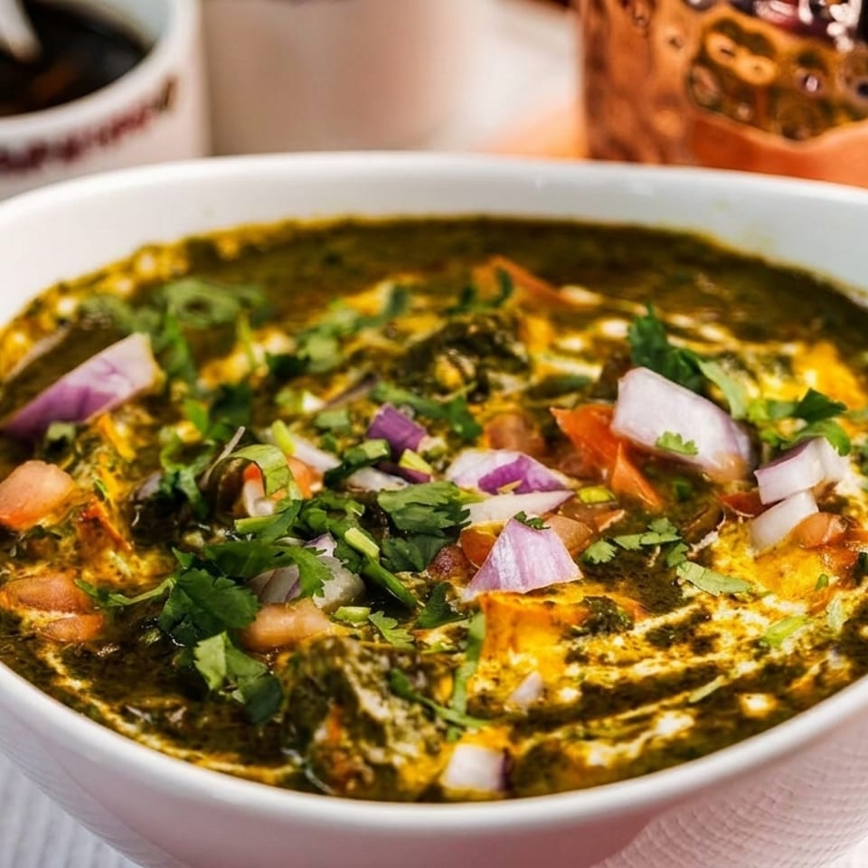 A white bowl filled with green curry, topped with chopped red onions, tomatoes, and cilantro.
