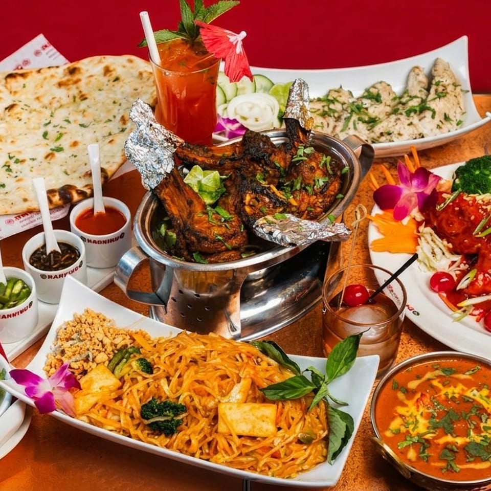 A vibrant spread of Indian and Asian dishes, including naan, curries, noodles, and grilled meats.