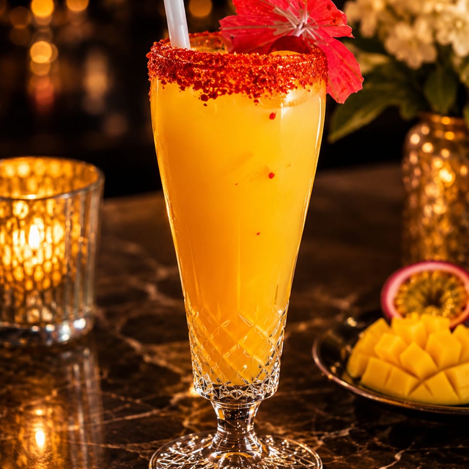 Vibrant orange cocktail with a red chili-salt rim and umbrella, beside mango and passion fruit.
