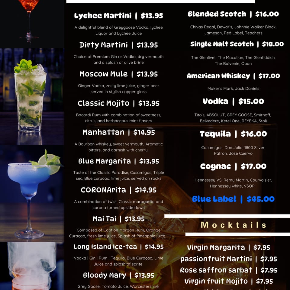 Bar menu featuring cocktail and liquor selections with prices, alongside photos of colorful martinis, mojitos, margaritas, and other drinks.