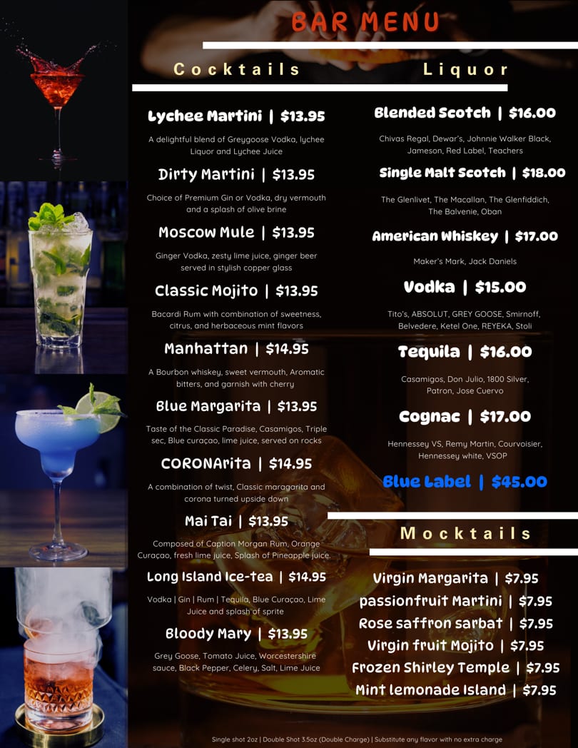 Bar menu with red martini, mojito, blue margarita, and smoky cocktail alongside drink lists.