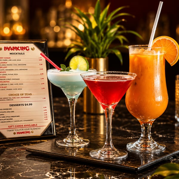 Three colorful mocktails and a Manking menu on a dark table in a dimly lit restaurant.