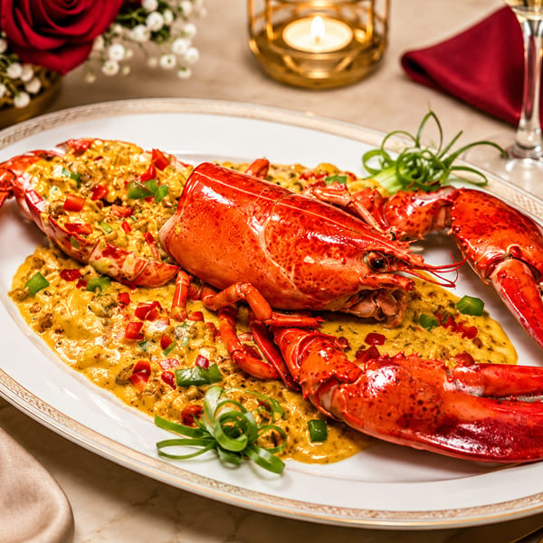 Whole cooked lobster in a creamy sauce with peppers, on an elegant dining table with flowers and a candle.